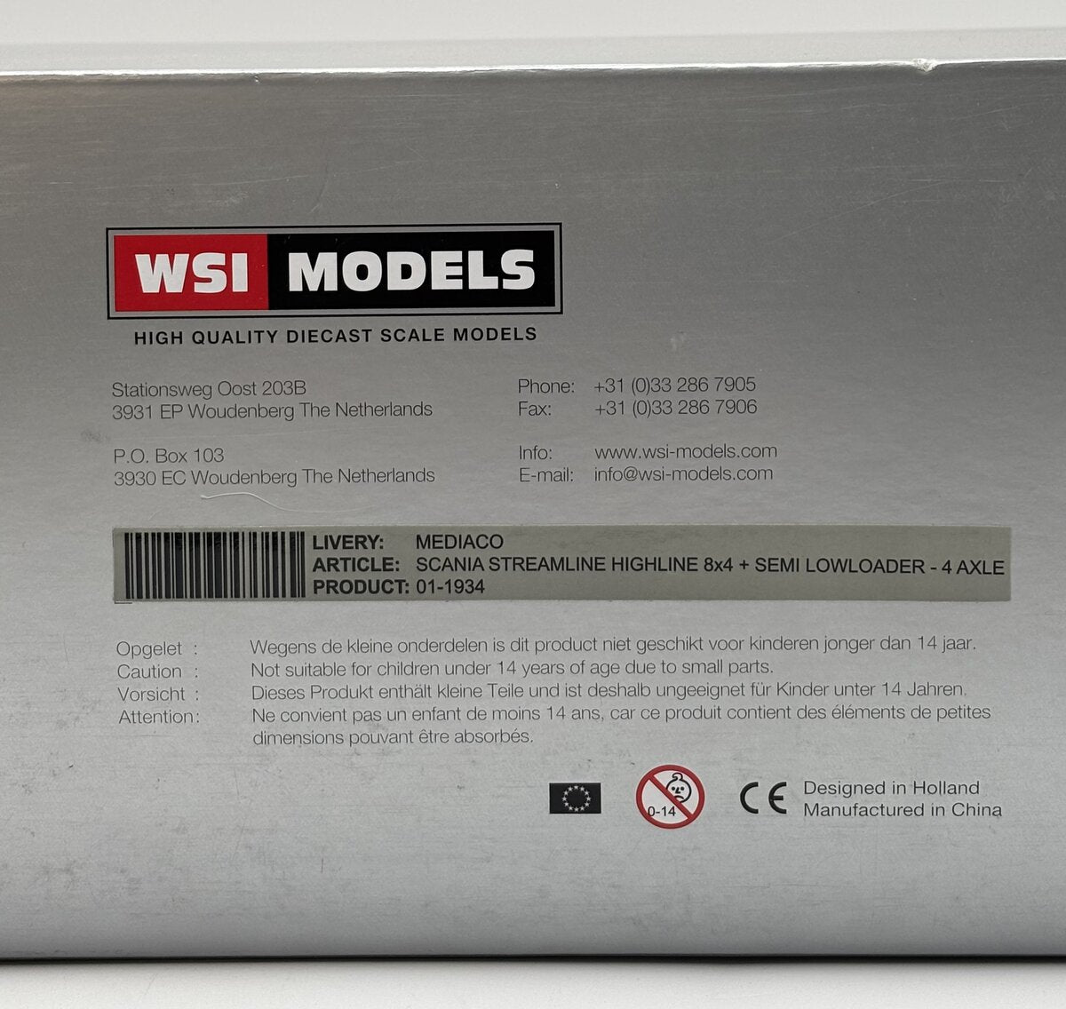 WSI 01-1934 1:50 Mediaco Scania Streamline Highline 8x4 w/Semi Lowloader-4 Axle LN/Box