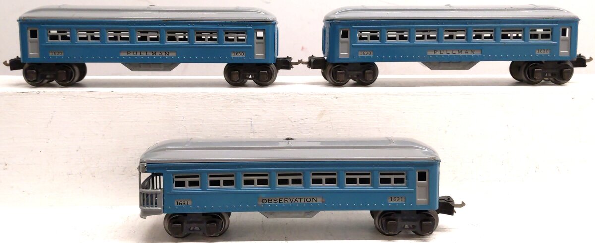 Lionel Vintage O Prewar Blue/Gray Tinplate Passenger Cars: 1630, 1631 [3] VG
