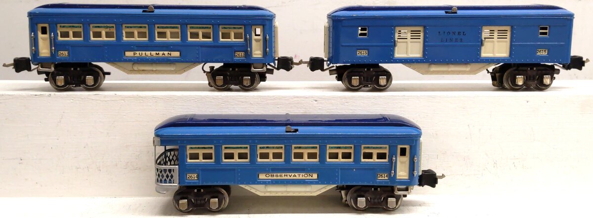 Lionel Vintage O Gauge Prewar Blue Tinplate Passenger Cars: 2613, 2614, 2615 [3] VG