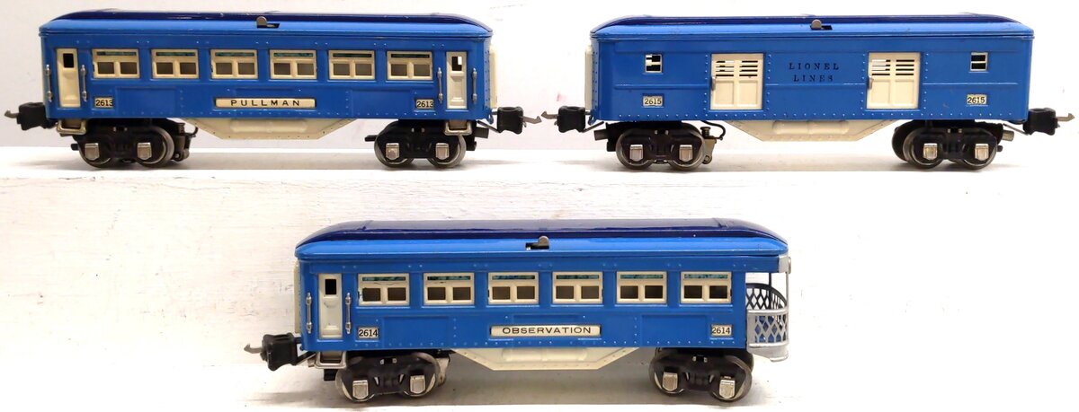 Lionel Vintage O Gauge Prewar Blue Tinplate Passenger Cars: 2613, 2614, 2615 [3] VG