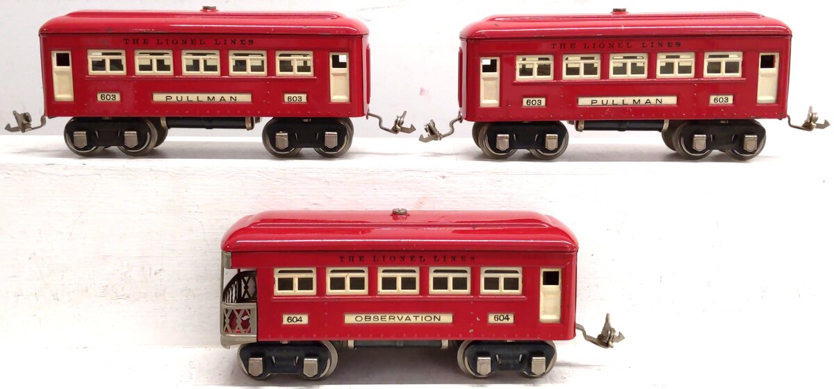 Lionel Vintage O Prewar Red Tinplate Passenger Cars: 603, 604 [3] VG