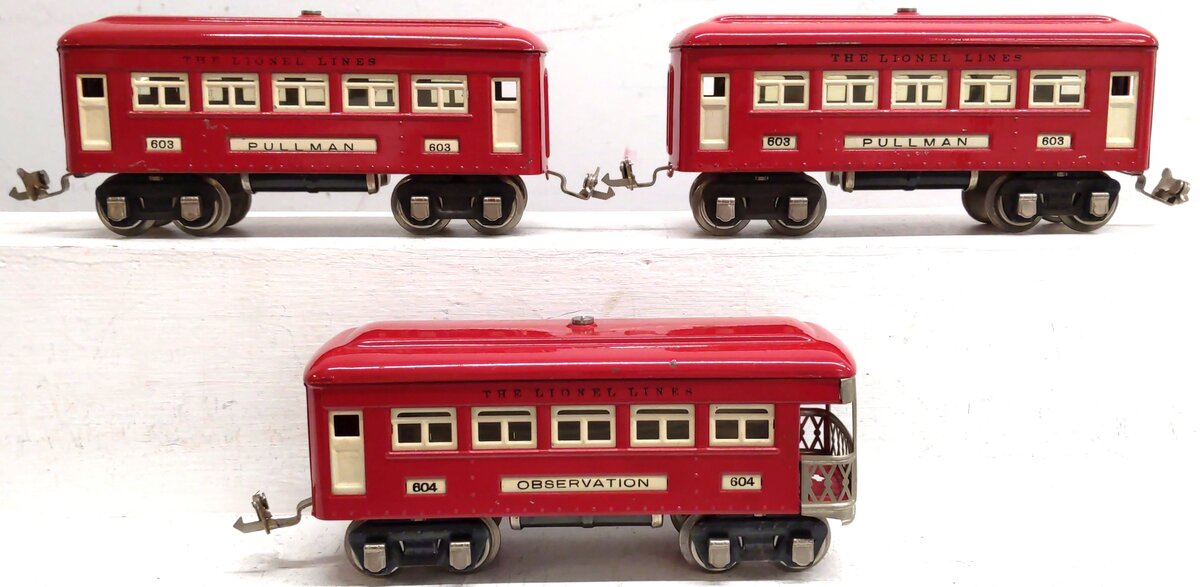 Lionel Vintage O Prewar Red Tinplate Passenger Cars: 603, 604 [3] VG