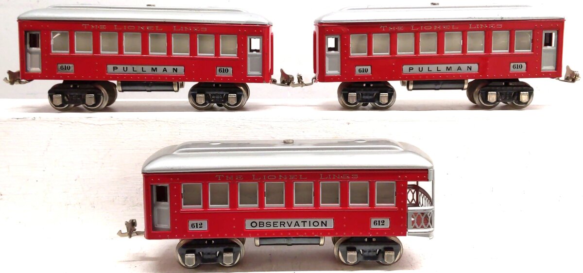 Lionel Vintage O Prewar Red/Silver Passenger Cars: 610, 612 [3] VG