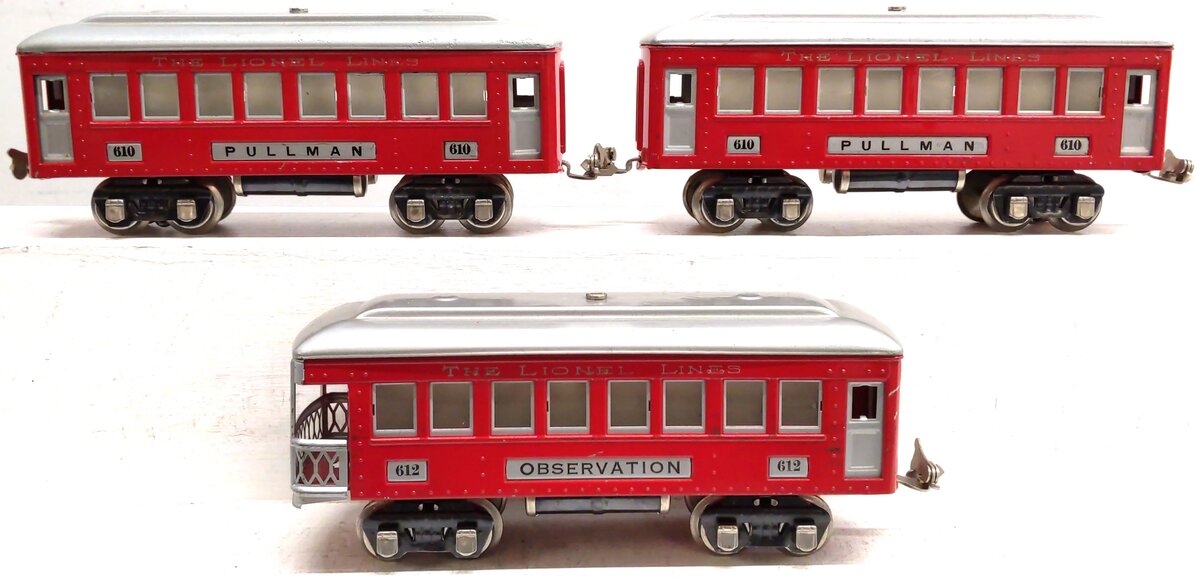 Lionel Vintage O Prewar Red/Silver Passenger Cars: 610, 612 [3] VG