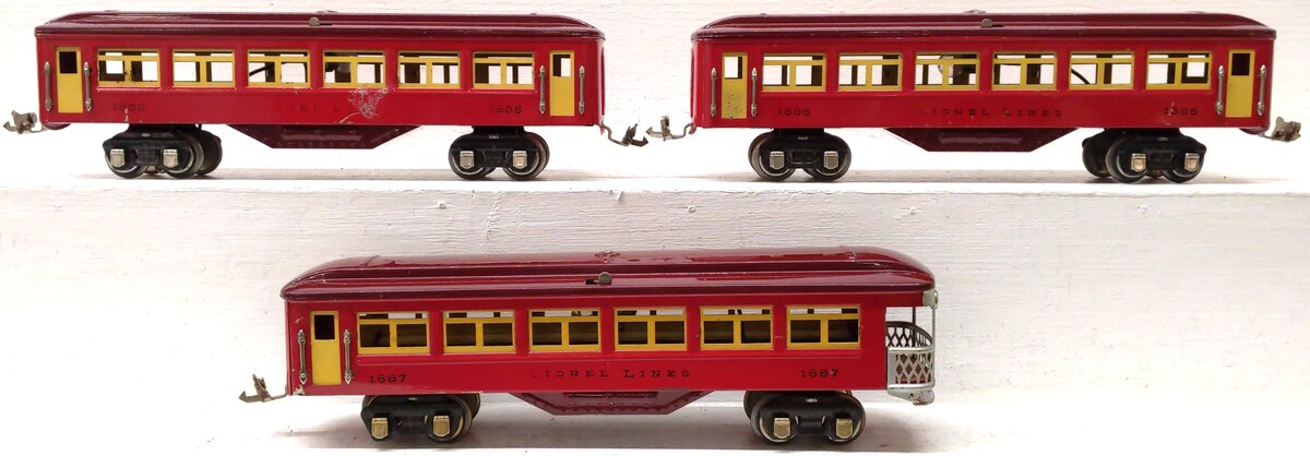 Lionel Vintage O Prewar Red Tinplate Passenger Cars: 1685, 1687 [3] VG