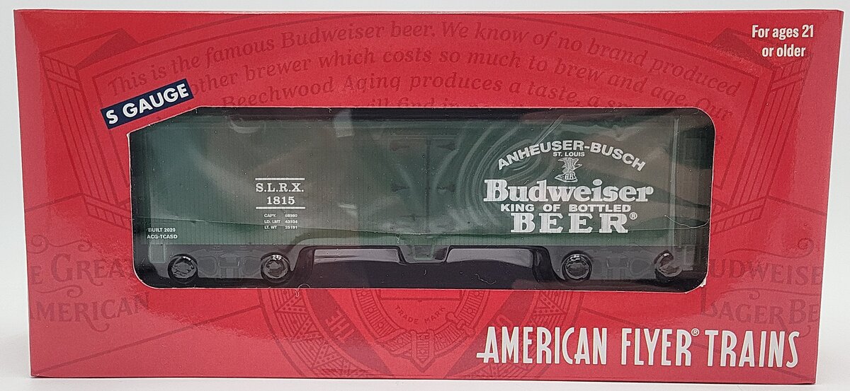 American Flyer 2001014 S Gauge SLRX Budweiser Woodsided Reefer Car #1815 LN/Box