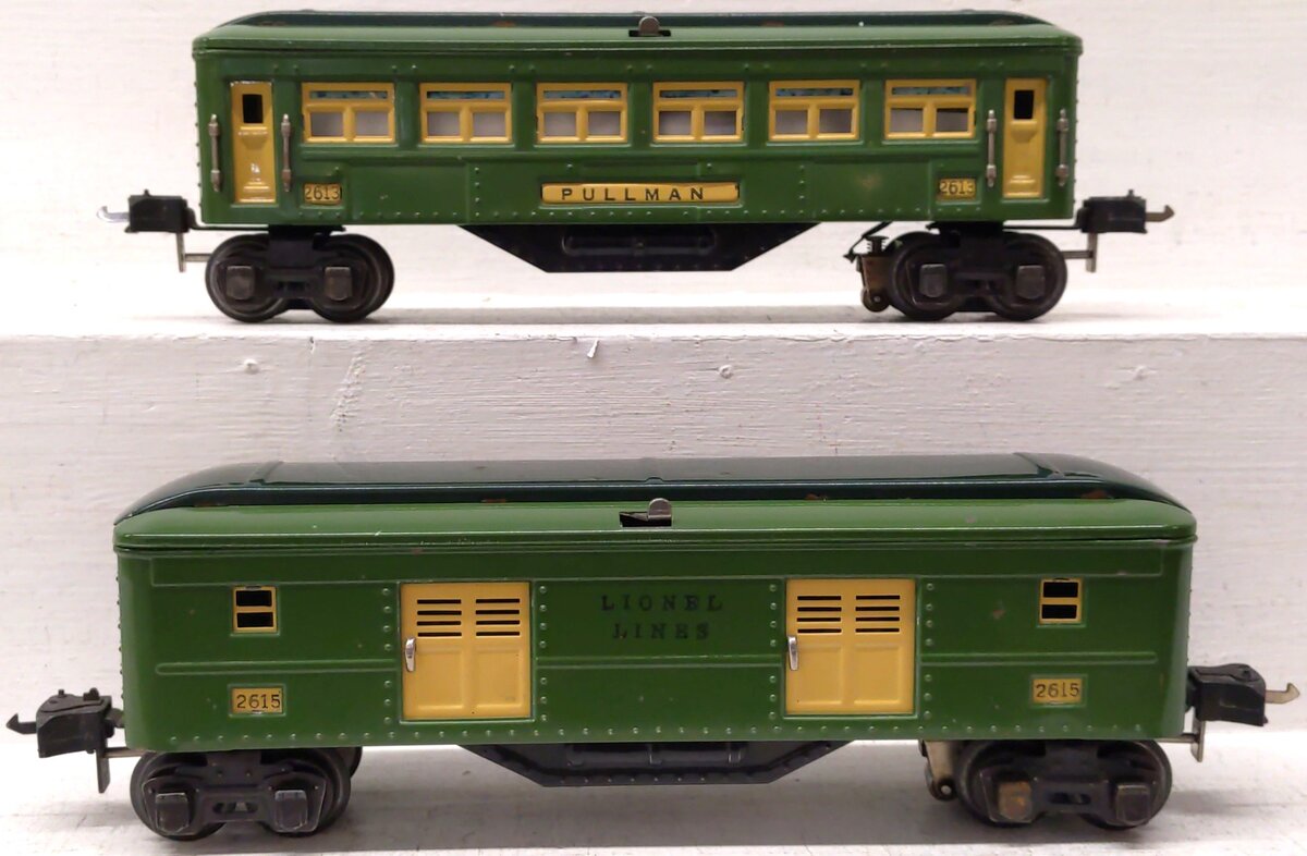 Lionel Vintage O Prewar Two-Tone Green Tinplate Passenger Cars: 2615, 1613 [2] VG