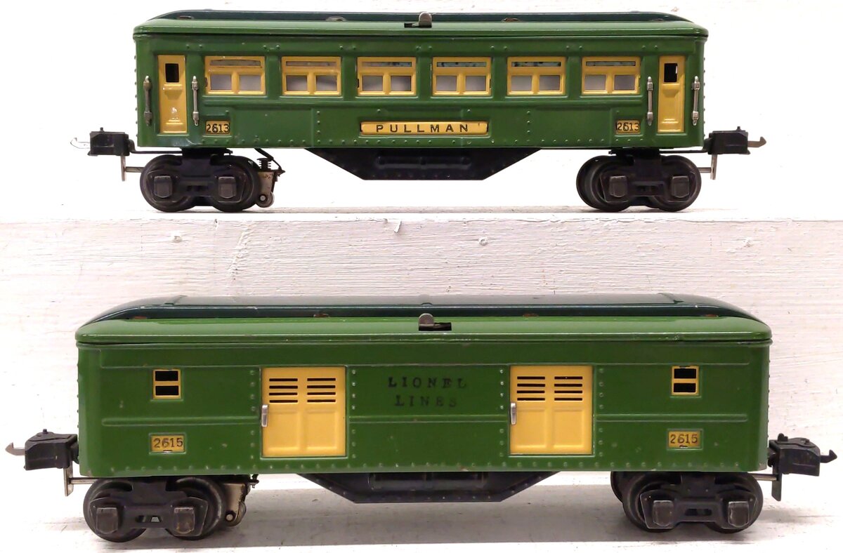 Lionel Vintage O Prewar Two-Tone Green Tinplate Passenger Cars: 2615, 1613 [2] VG