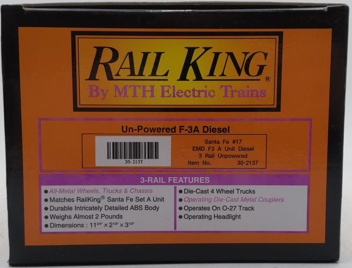 MTH 30-2137 O Gauge Santa Fe EMD F3 Non-Powered Diesel Locomotive #17 EX/Box