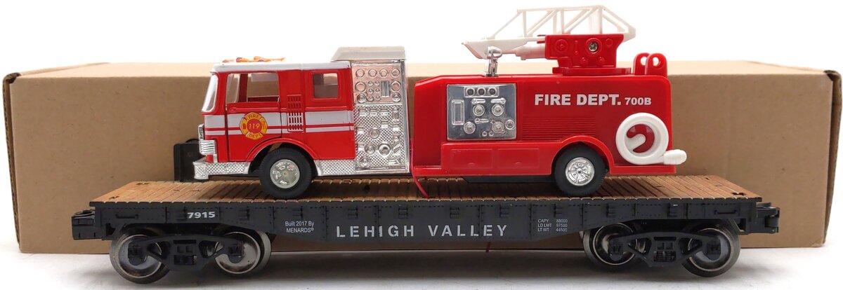 Menards 279-3844 O Lehigh Valley Flatcar w/Fire Truck #7915 EX/Box