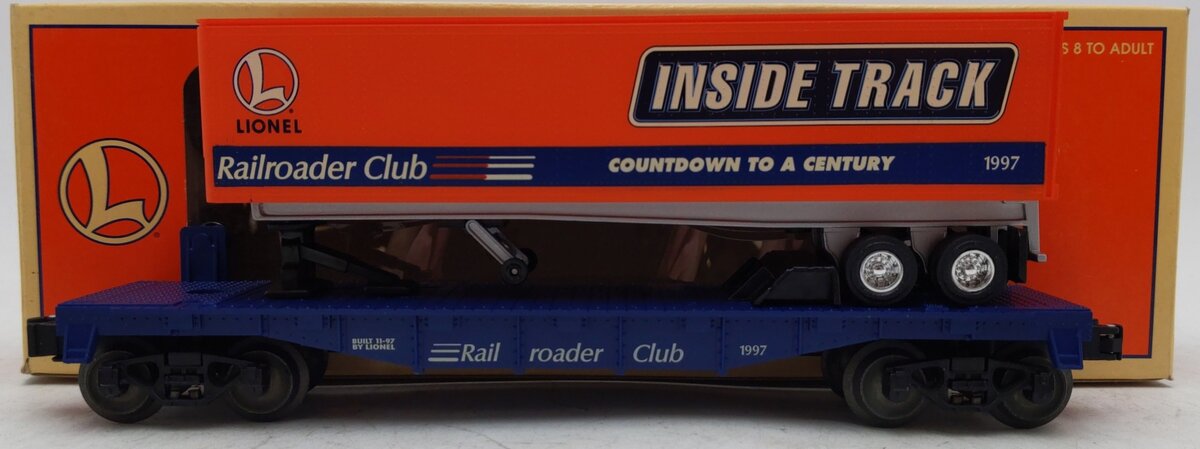 Lionel 6-19437 O Gauge Lionel Rail Roader Club Flatcar w/Inside Track Trailer EX/Box