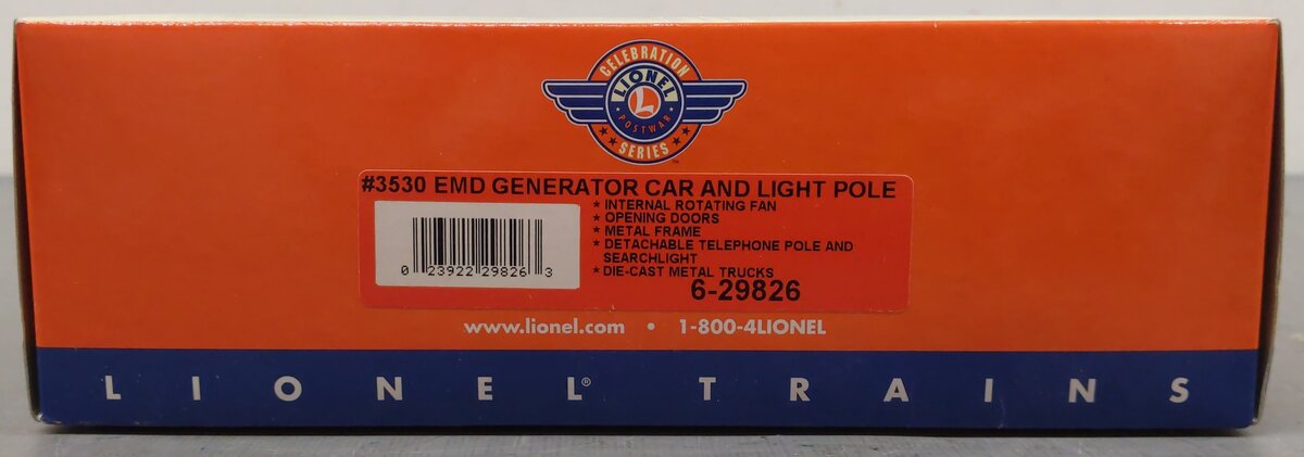 Lionel 6-29826 PWC 3530 O Gauge EMD Generator Car & Light Pole EX/Box