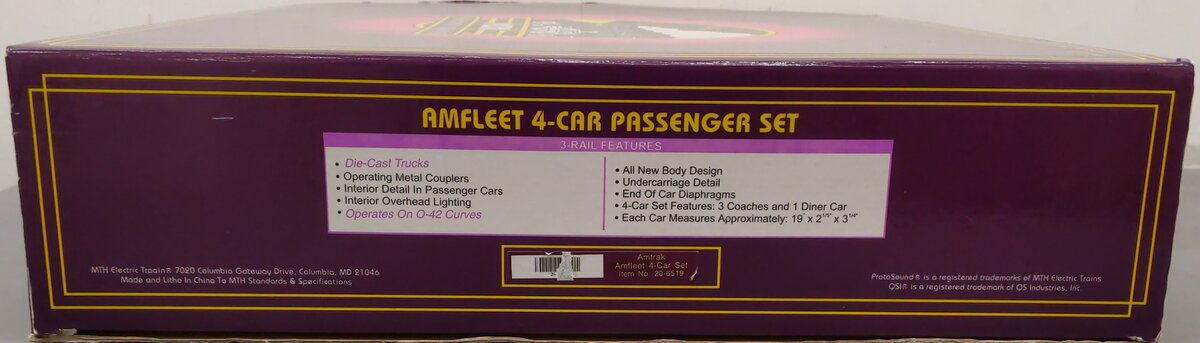 MTH 20-6519 O Amtrak Amfleet Passenger Car Set (Set of 4)/Box