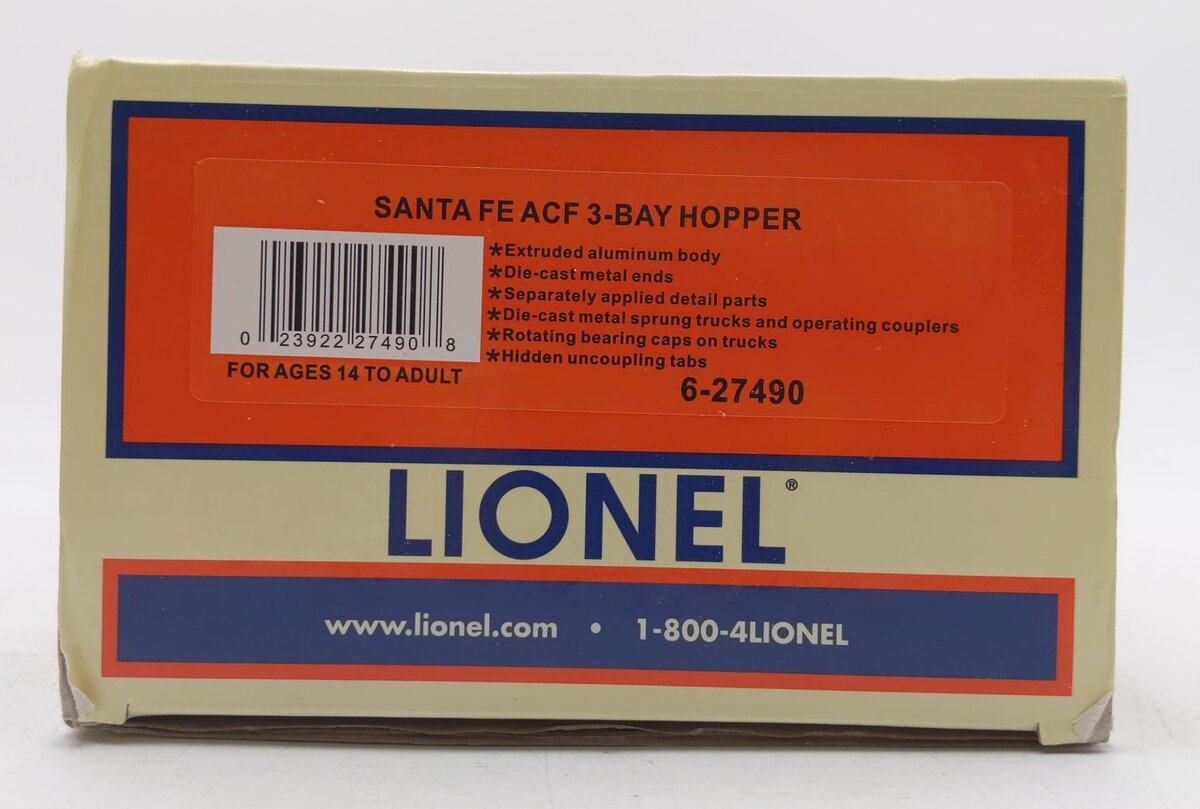 Lionel 6-27490 O Gauge Santa Fe ACF 3-Bay Aluminum Hopper #314000 EX/Box