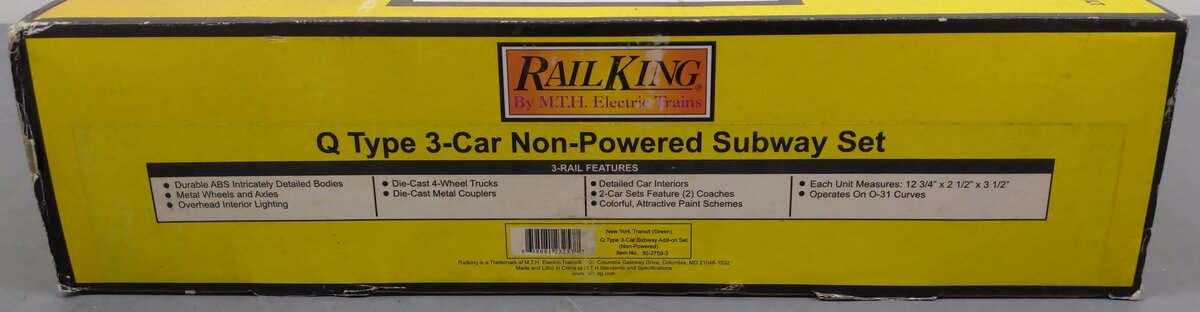 MTH 30-2759-3 O New York Transit Q Type Subway Non-Powered Add-on Set (Set of 3) EX/Box
