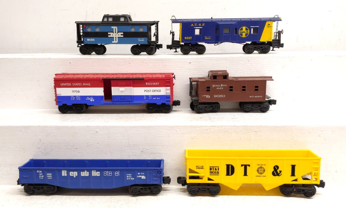 Lionel O Gauge Assorted Freight Cars: 9708, 9317, 9181, 9060, 9018, 9136 [6] VG