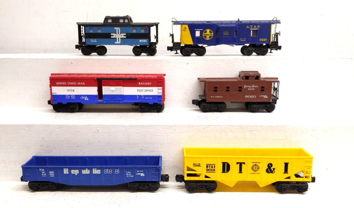 Lionel O Gauge Assorted Freight Cars: 9708, 9317, 9181, 9060, 9018, 9136 [6] VG
