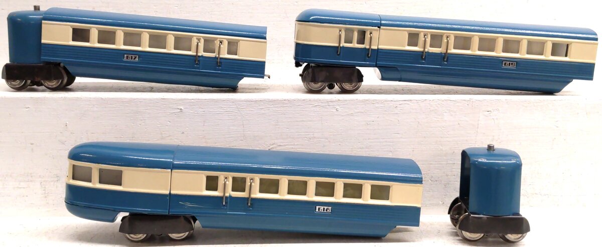 Lionel Vintage Prewar O Streamliner Passenger Car Set: 617, 618, 619 [3] VG