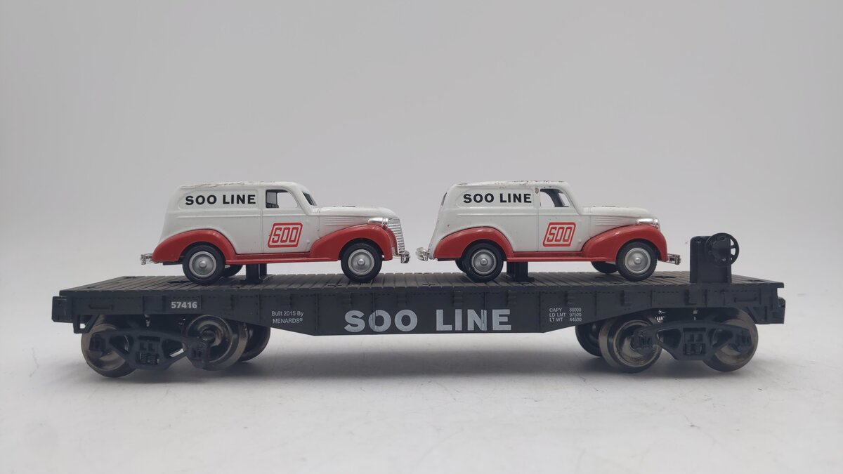 Menards O Gauge SOO Line Flat Car w/ SOO Car Load #57416 VG