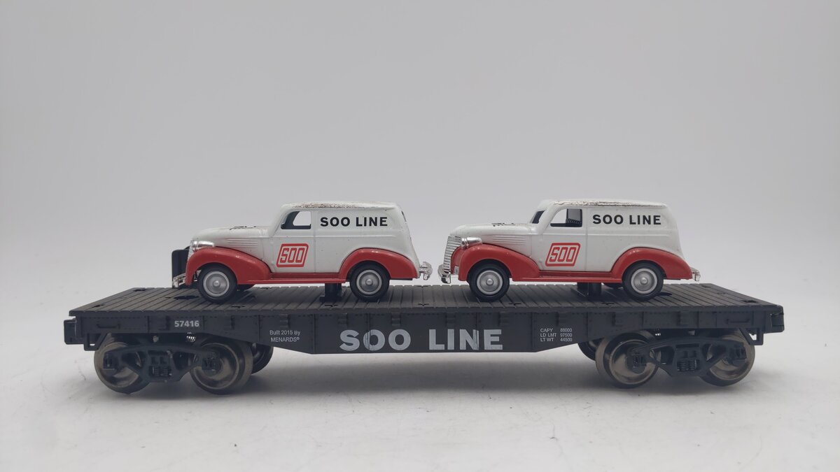 Menards O Gauge SOO Line Flat Car w/ SOO Car Load #57416 VG