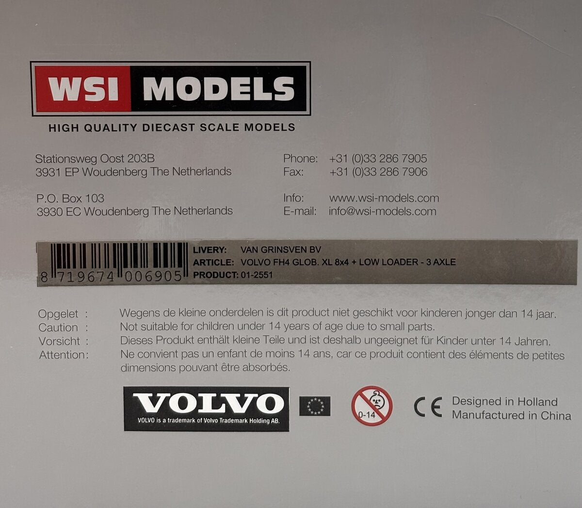 WSI 01-2551 1:50 Van Grinsven BV Volvo FH4 GLOB XL 8x4 + Low Loader-3Axle LN/Box