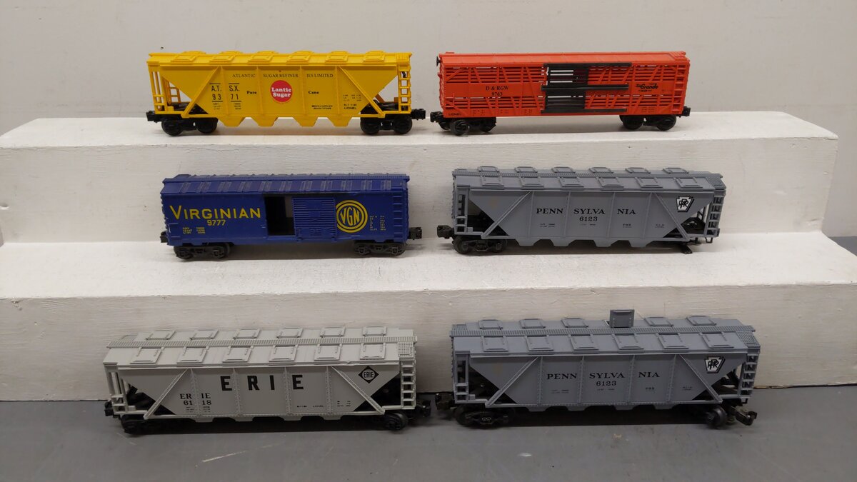 Lionel O Assorted Train Cars: 6-9371, 6-6123, 6-6123, 6-9777, 6-9763, 6-6118 [6] VG