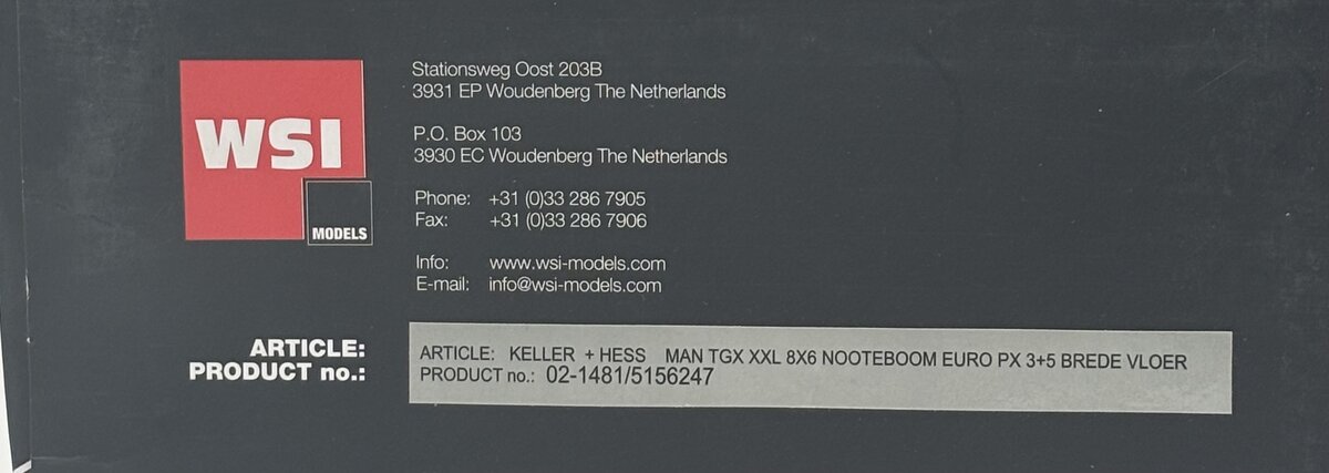 WSI 02-1481 1:50 Keller Hess MAN TGX XXL 8x6 Nooteboom Euro PX 3+5 Brede Vloer LN/Box