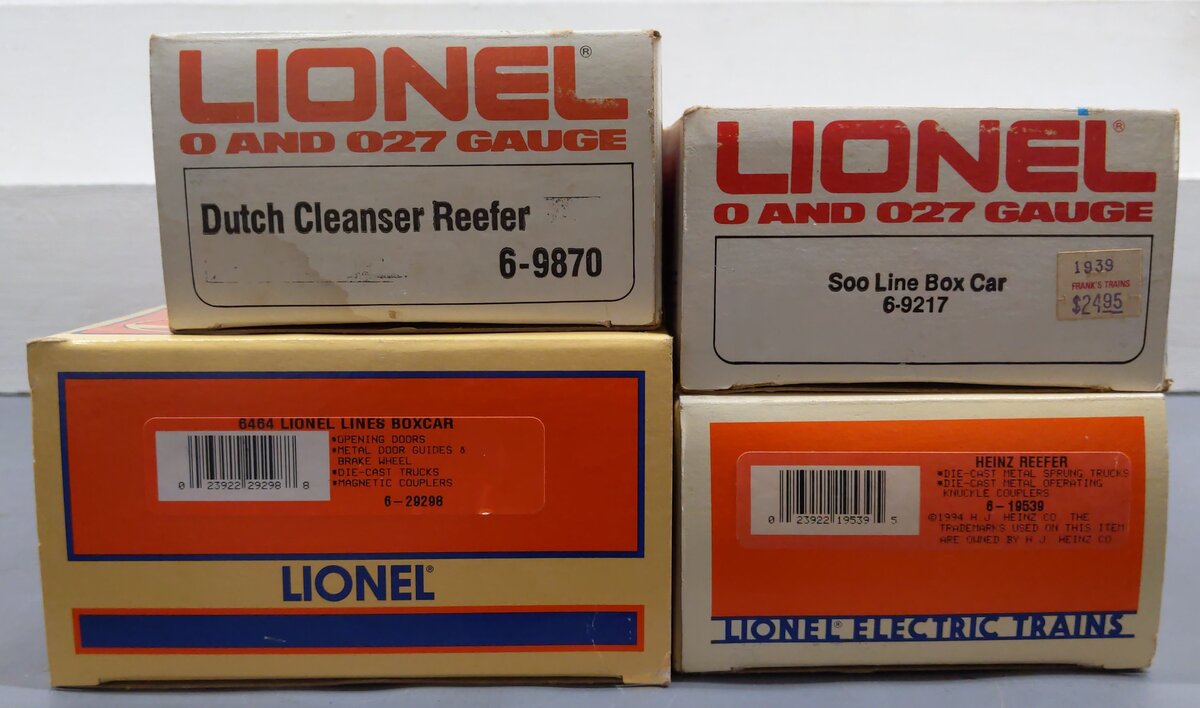 Lionel O Gauge Assorted Freight Cars: 6-19539, 6-29298, 6-9870, 6-9217 [4] EX/Box