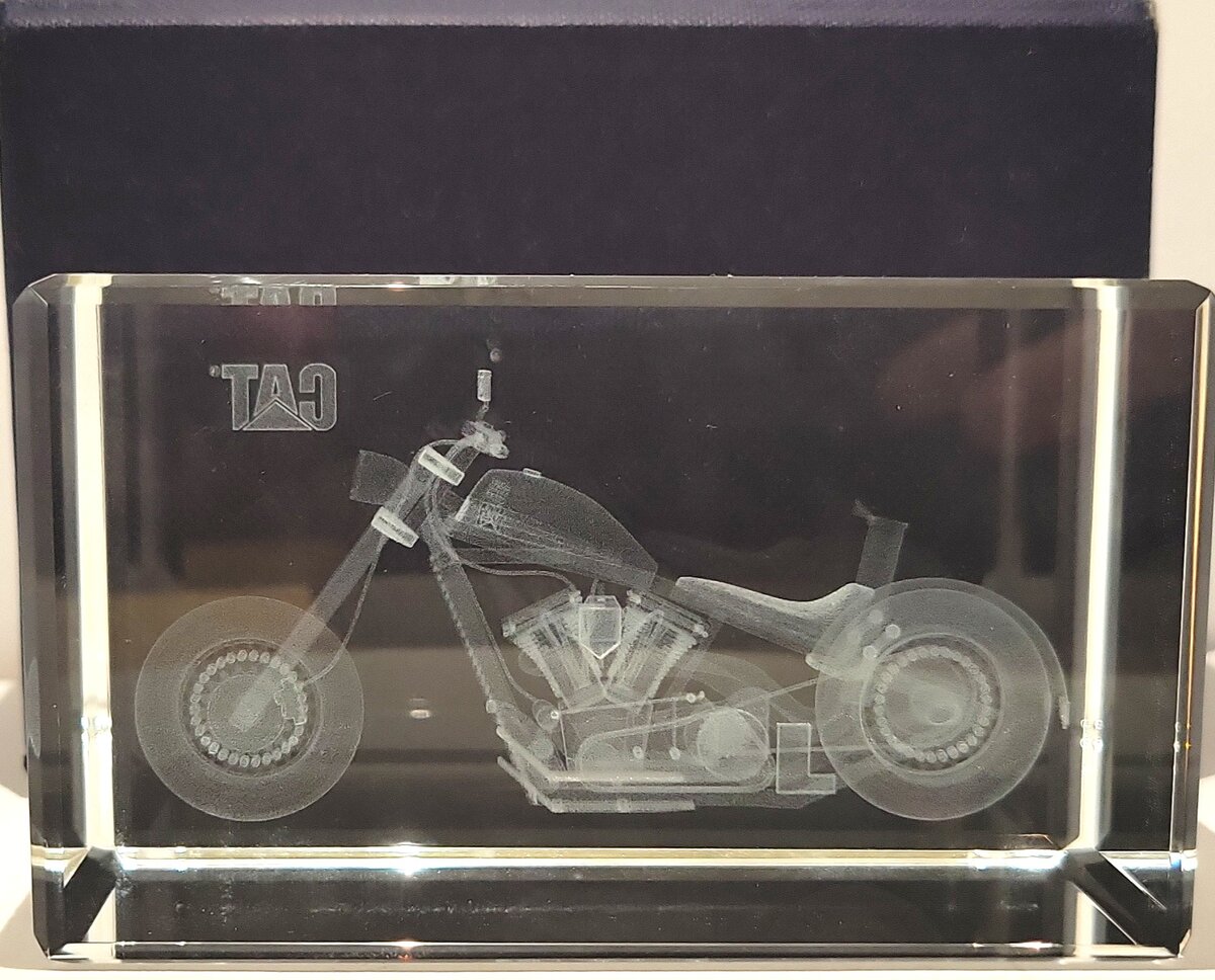 CAT 3D Laser-Etched Glass Motorcycle Paperweight LN/Box