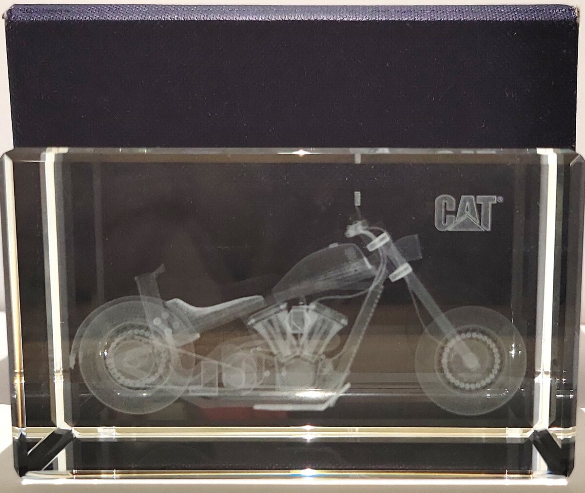 CAT 3D Laser-Etched Glass Motorcycle Paperweight LN/Box