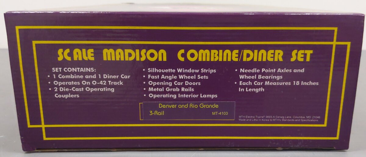 MTH 20-4103 O Rio Grande 70' Madison Combine/Diner Passenger Car Set (Set of 2) EX/Box