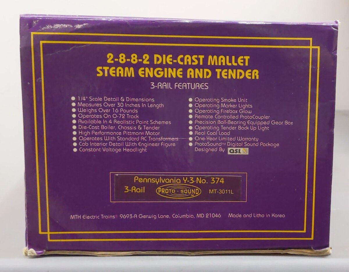 MTH 20-3011-1 O Gauge PRR 2-8-8-2 Mallet Steam Locomotive w/PS1 #374 LN/Box