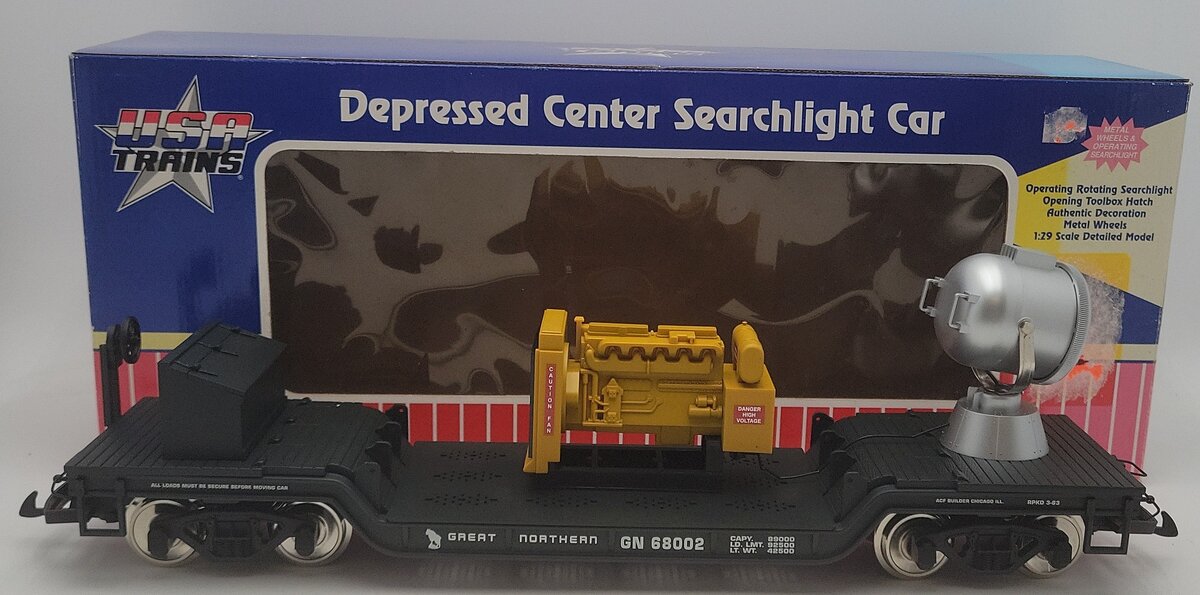 USA Trains R17329 G GN Searchlight-Style Depressed-Center Flat Car w/Generator EX/Box