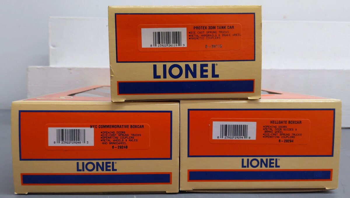 Lionel O Gauge Assortment Freight Cars #26119, #29248, #29294 [3] EX/Box