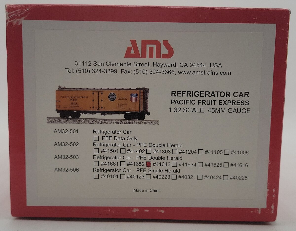 AMS AM32-503 G Scale Narrow Gauge PFE Doubel Herald Refrigerator Car #41643 EX/Box