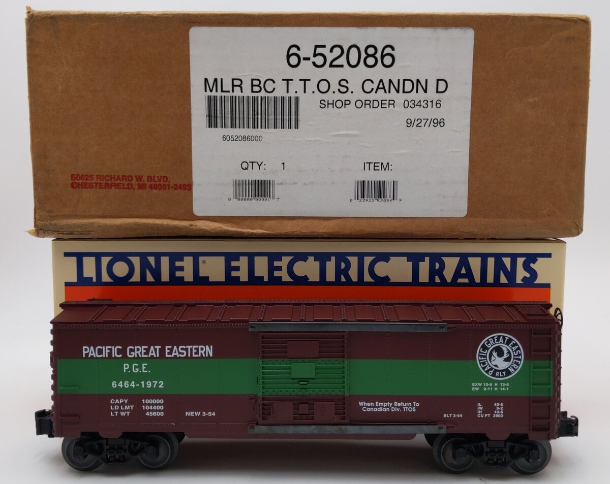 Lionel 6-52086 O Gauge TTOS-1996 Pacific Great Eastern 6464 Boxcar #1972 LN/Box