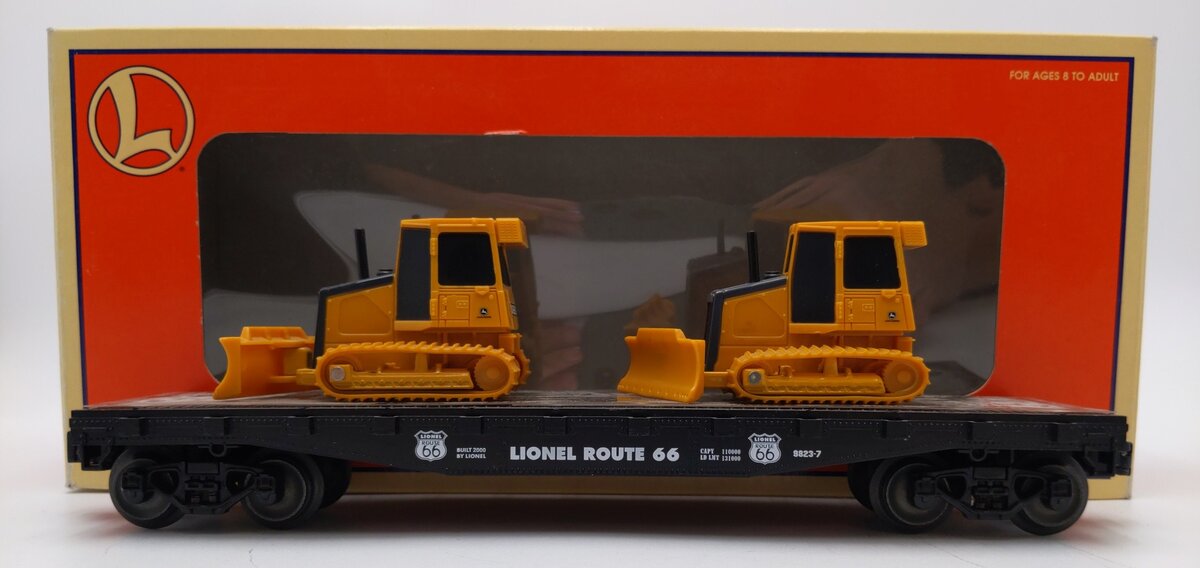 Lionel 6-17557 O Gauge Route 66 Flatcar with Two Bulldozers EX/Box