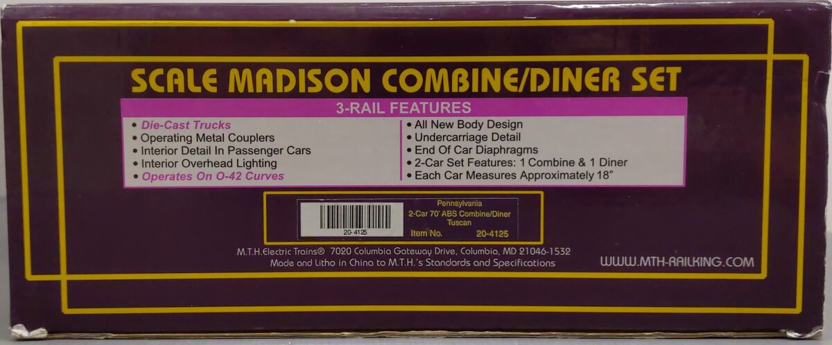 MTH 20-4125 O PRR 70' Madison Combine/Diner Passenger Car Set (Set of 2) LN/Box