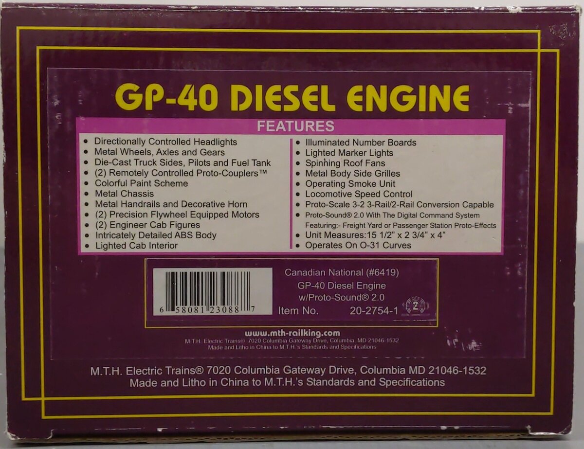 MTH 20-2754-1 Canadian National GP-40 Diesel Engine w/PS2 #6414 EX/Box
