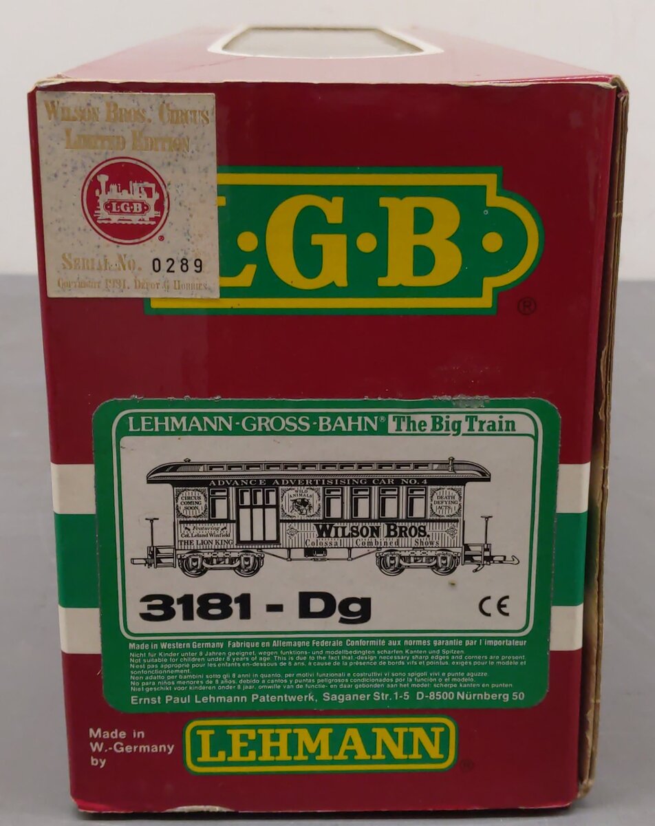 LGB 3181-DG G Scale Wilson Brothers Advanced Advertising Car #4 - Plastic Wheels EX/Box