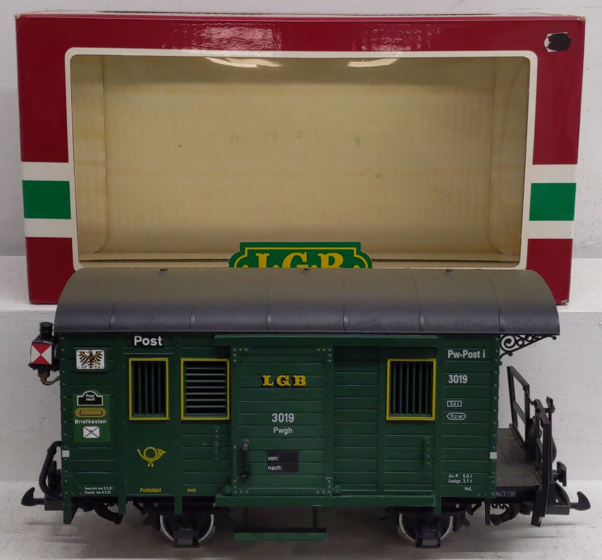 LGB 3019 G Scale Mail Post Car with Lights (Metal Wheels) EX/Box