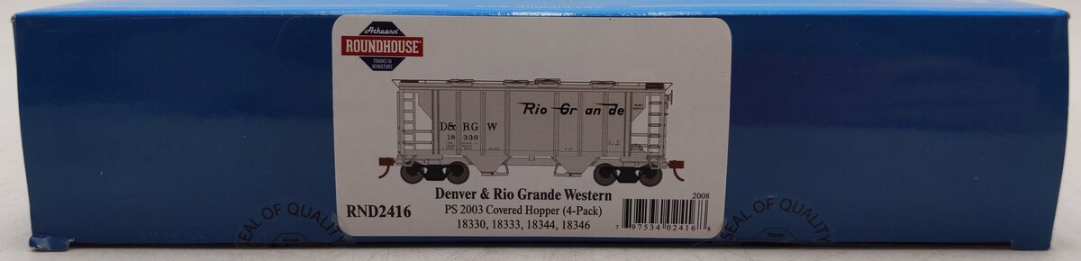 Roundhouse 2416 HO D&RGW PS-2 2003 2-Bay Covered Hopper (Pack of 4) LN/Box