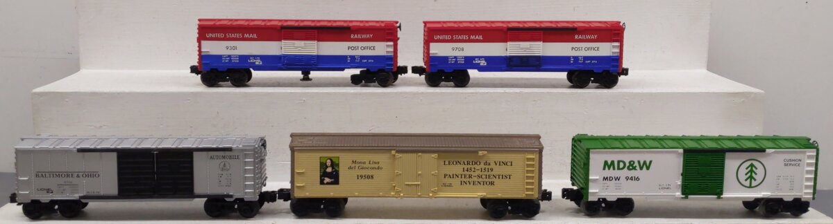 Lionel O Gauge Assorted Boxcars: #9708, #9416, #9301, #19508, #9701 [5] VG