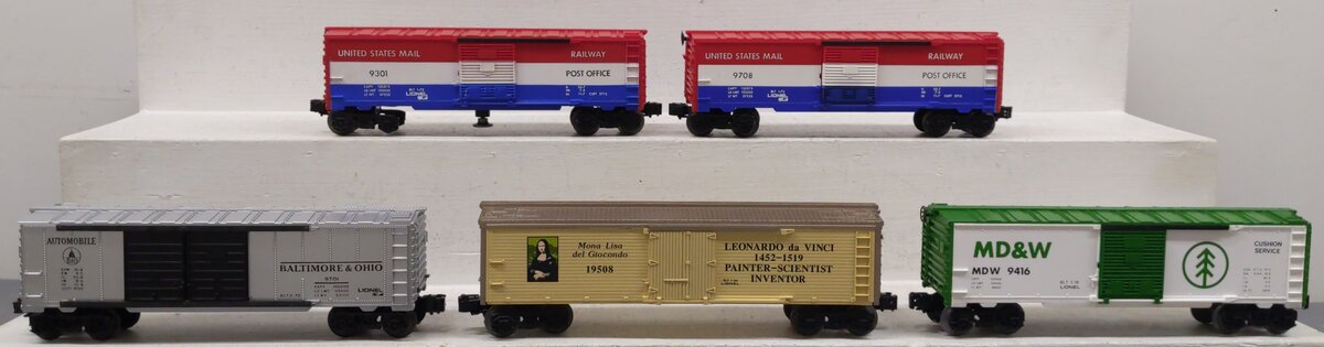 Lionel O Gauge Assorted Boxcars: #9708, #9416, #9301, #19508, #9701 [5] VG