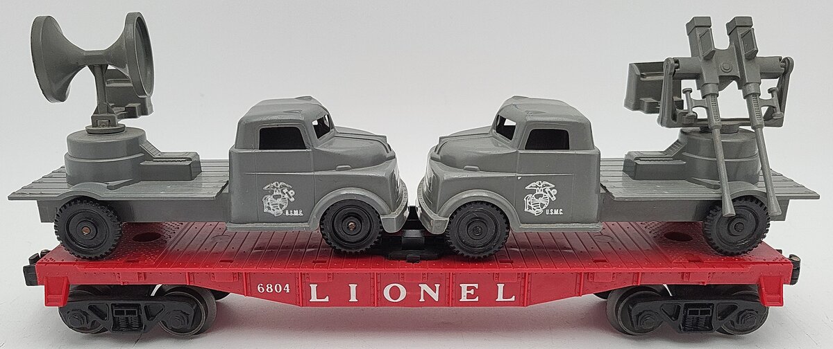 Lionel 6804 Vintage O Flatcar w/ USMC AA Gun Truck & Sound Truck EX