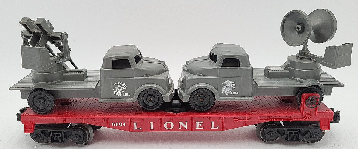 Lionel 6804 Vintage O Flatcar w/ USMC AA Gun Truck & Sound Truck EX