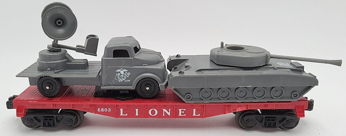 Lionel 6803 Vintage O Flatcar w/ USMC Tank & Sound Truck EX