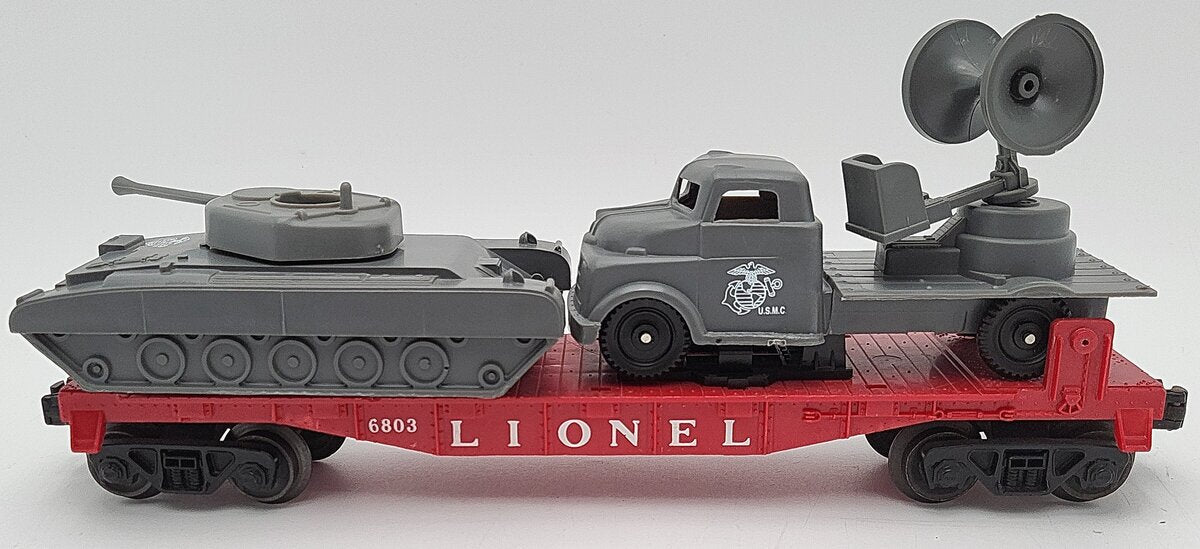 Lionel 6803 Vintage O Flatcar w/ USMC Tank & Sound Truck EX