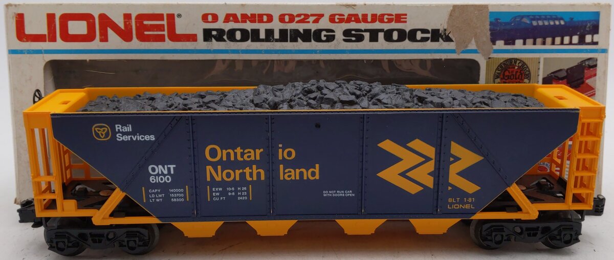 Lionel 6-6100 O Gauge Ontario Northland Uncovered Quad Hopper w/ Coal load EX/Box