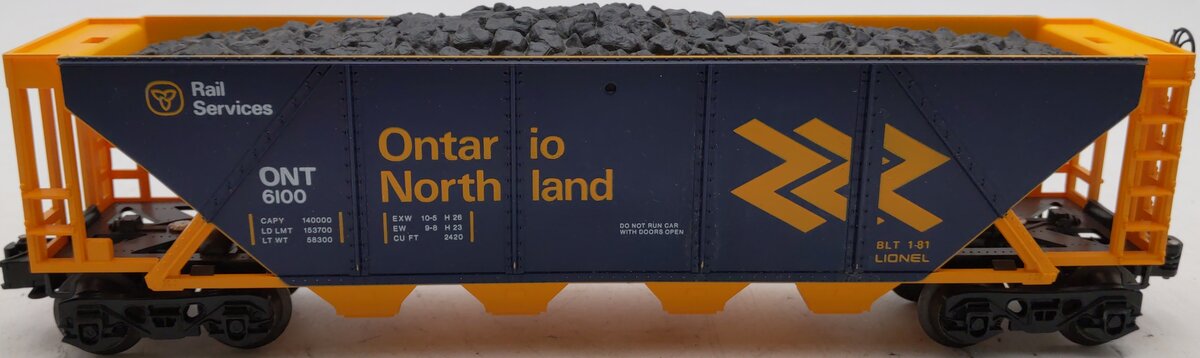 Lionel 6-6100 O Gauge Ontario Northland Uncovered Quad Hopper w/ Coal load EX/Box